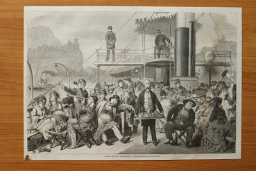 Holzstich Rhein 1871 auf Deck eines Rheindampfers